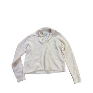 Mango Cream Ribbed Collared Long Sleeve Sweater S Minimalist Chic Preppy Neutral